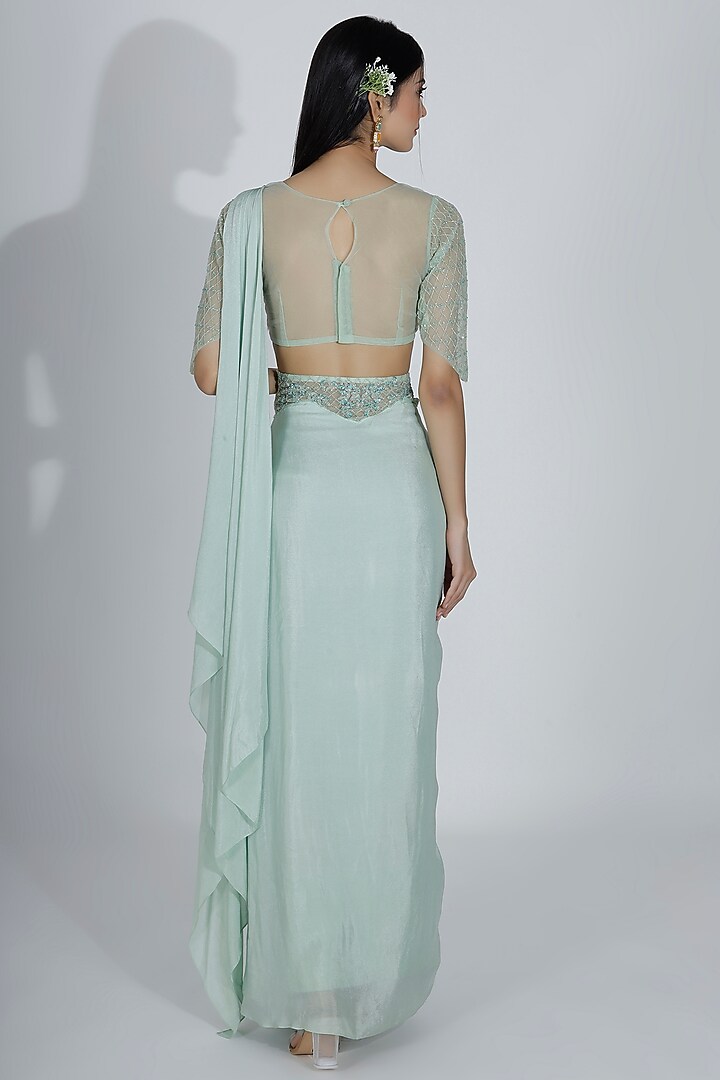 Mint Green Georgette Draped Skirt Set by MANISHA SONI at Pernia's Pop Up Shop