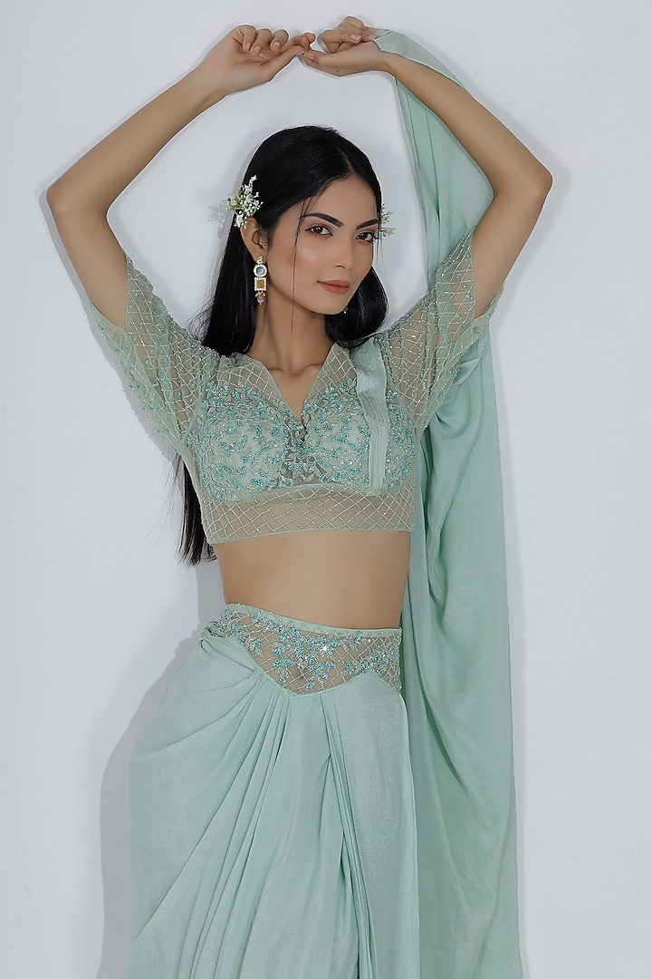 Mint Green Georgette Draped Skirt Set by MANISHA SONI at Pernia's Pop Up Shop