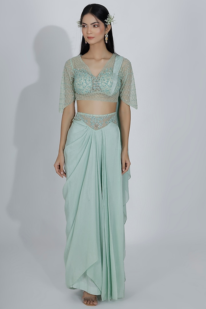 Mint Green Georgette Draped Skirt Set by MANISHA SONI at Pernia's Pop Up Shop