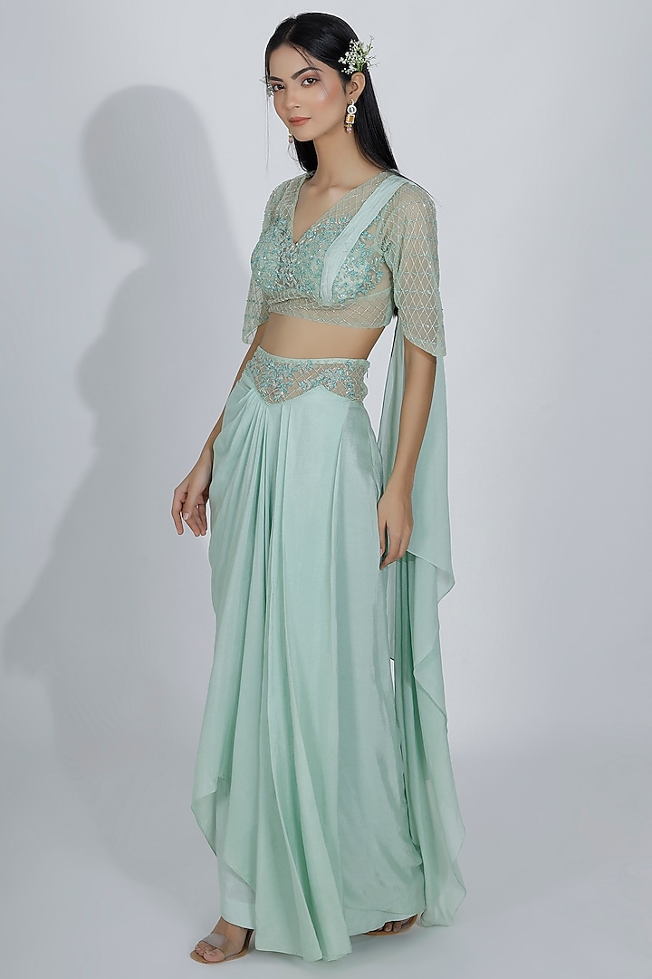 Mint Green Georgette Draped Skirt Set by MANISHA SONI at Pernia's Pop Up Shop