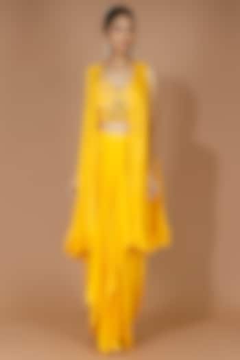 Yellow Georgette Crepe Draped Skirt Set by MANISHA SONI