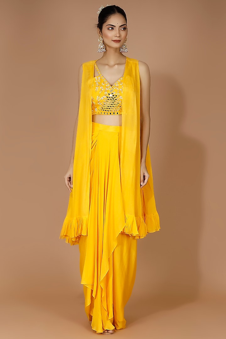 Yellow Georgette Crepe Draped Skirt Set by MANISHA SONI