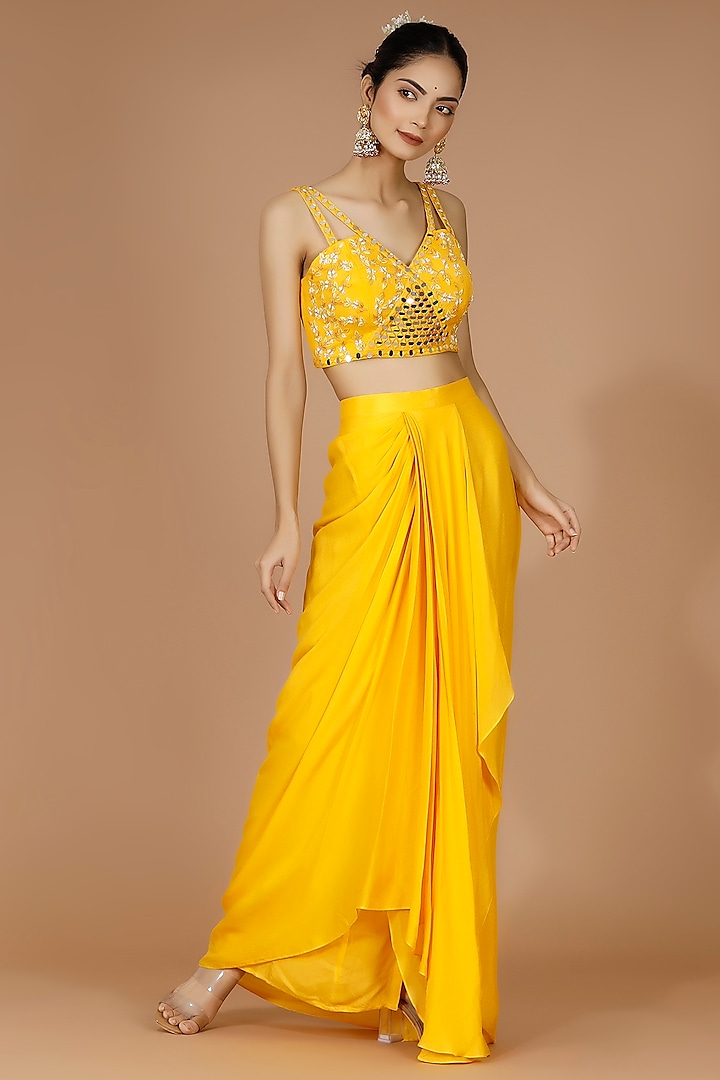 Yellow Georgette Crepe Draped Skirt Set by MANISHA SONI at Pernia's Pop Up Shop