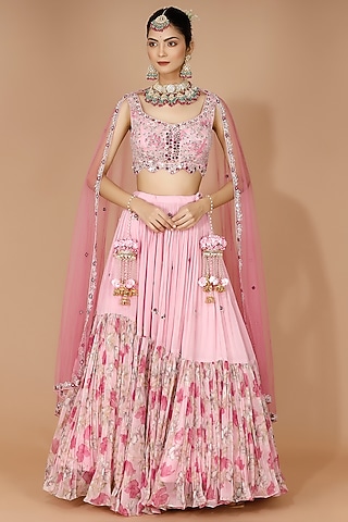 Pink Georgette Printed & Embroidered Lehenga Set by MANISHA SONI