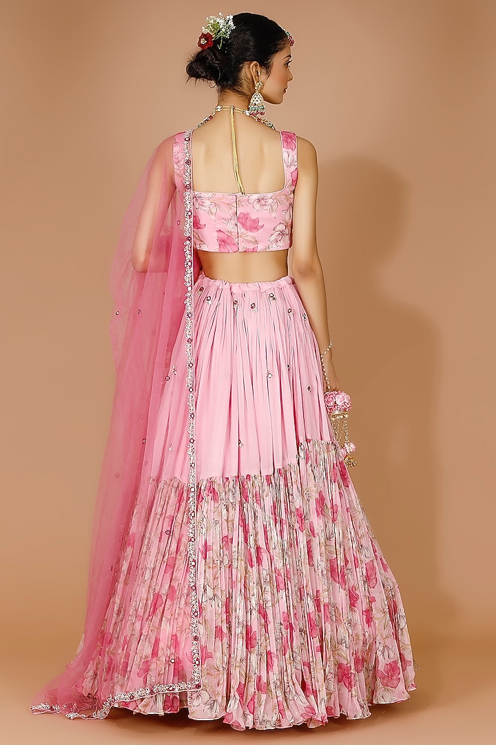 Pink Georgette Printed & Embroidered Wedding Lehenga Set by MANISHA SONI at Pernia's Pop Up Shop
