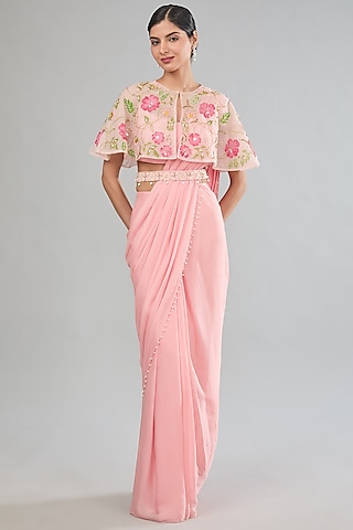 Pink Chinon Chiffon Embroidered & Hand Painted Pre-Draped Jacket Saree Set by MANISHA SONI