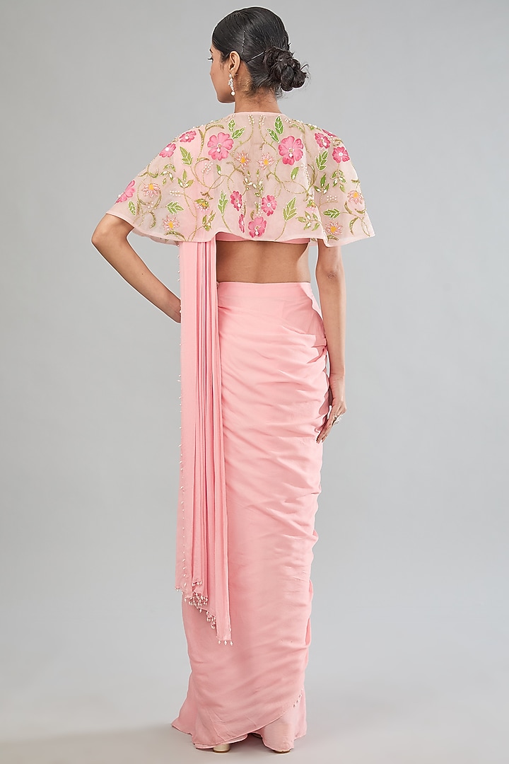 Pink Chinon Chiffon Embroidered & Hand Painted Pre-Draped Jacket Party Wear Saree Set by MANISHA SONI at Pernia's Pop Up Shop