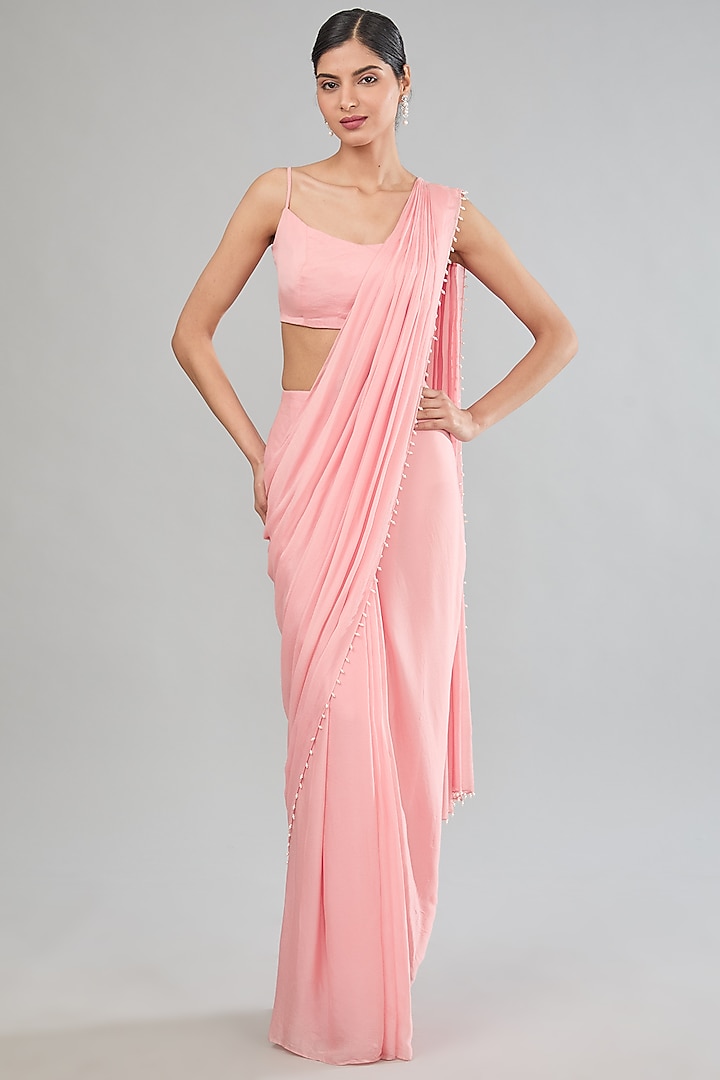 Pink Chinon Chiffon Embroidered & Hand Painted Pre-Draped Jacket Party Wear Saree Set by MANISHA SONI at Pernia's Pop Up Shop