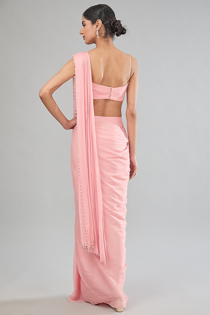 Pink Chinon Chiffon Embroidered & Hand Painted Pre-Draped Jacket Party Wear Saree Set by MANISHA SONI at Pernia's Pop Up Shop