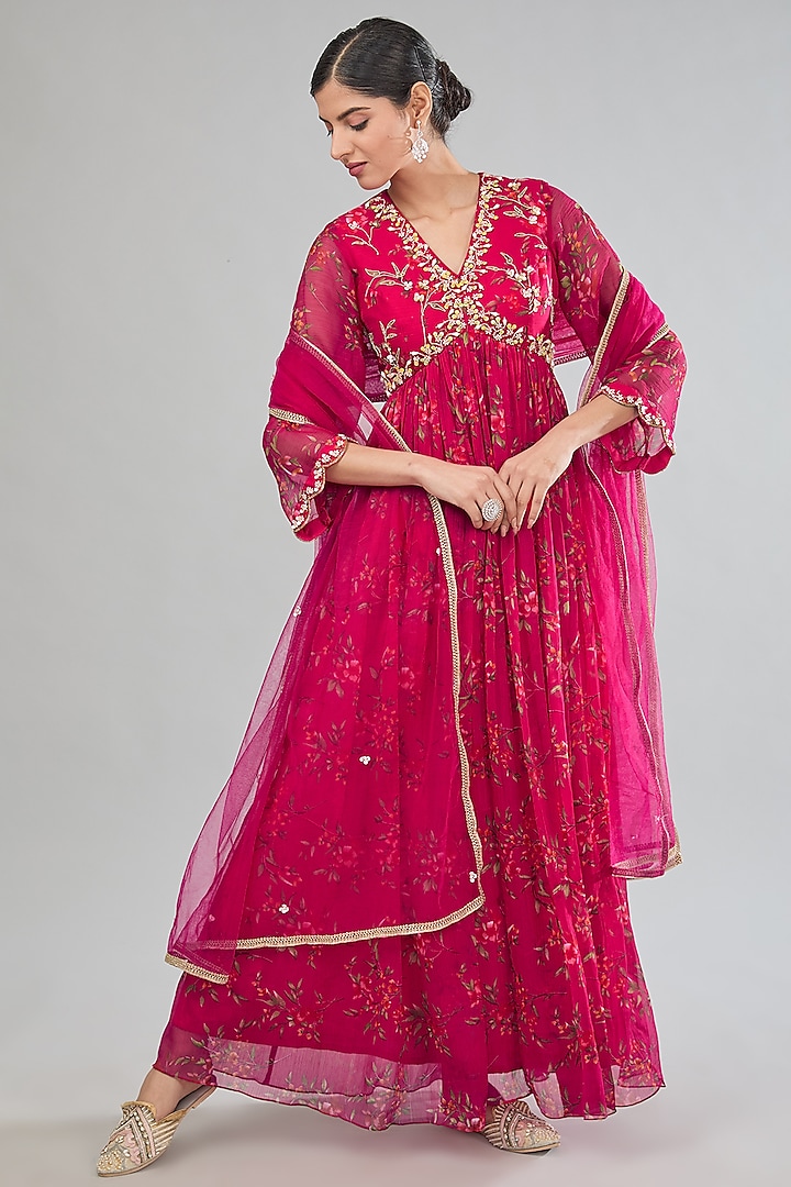 Pink Chiffon Floral Printed & Embroidered Anarkali Set by MANISHA SONI