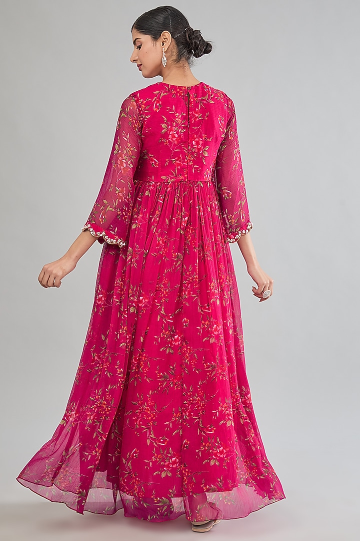 Pink Chiffon Floral Printed & Embroidered Party Wear Anarkali Set by MANISHA SONI at Pernia's Pop Up Shop