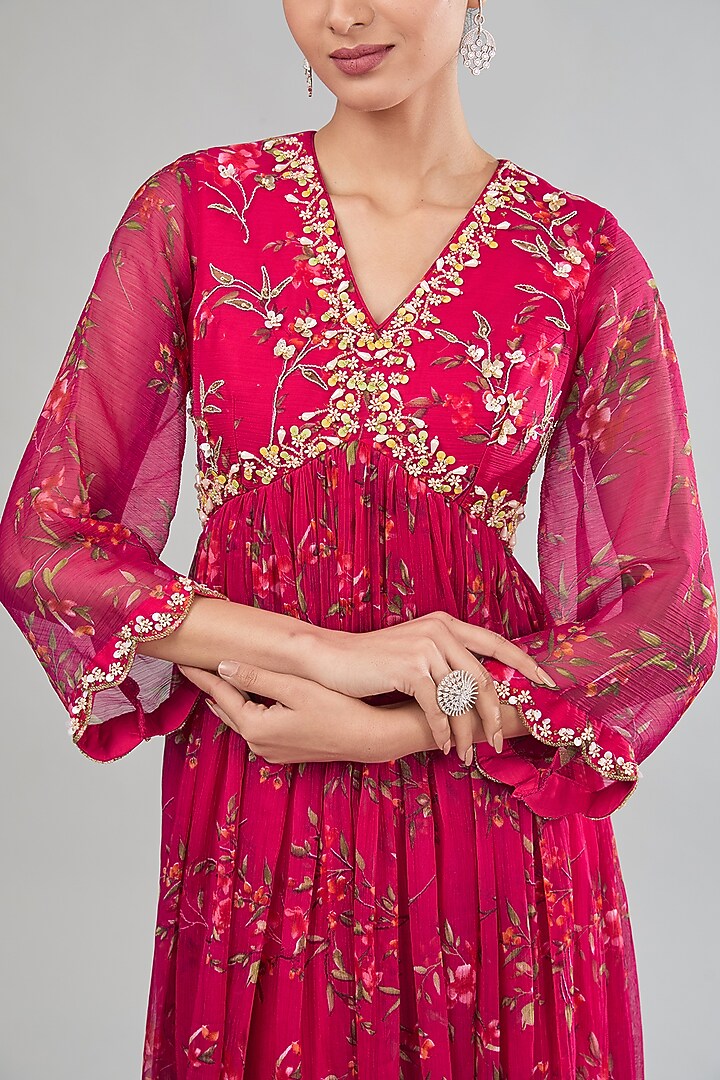 Pink Chiffon Floral Printed & Embroidered Party Wear Anarkali Set by MANISHA SONI at Pernia's Pop Up Shop
