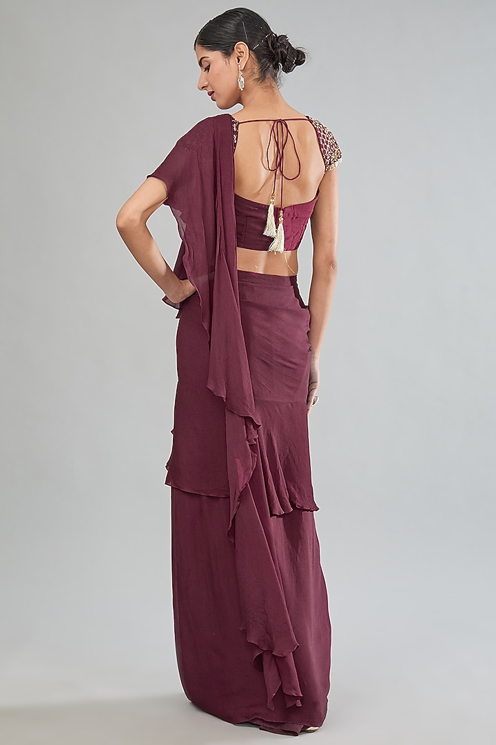 Maroon Chinon Chiffon Hand Embroidered Pre-Draped Party Wear Saree Set by MANISHA SONI at Pernia's Pop Up Shop