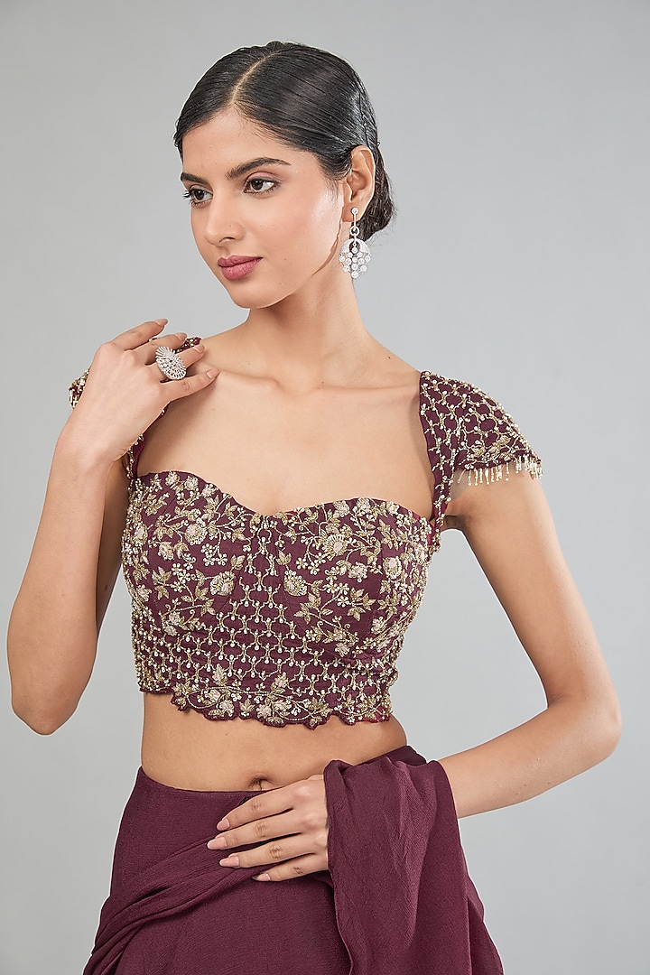 Maroon Chinon Chiffon Hand Embroidered Pre-Draped Party Wear Saree Set by MANISHA SONI at Pernia's Pop Up Shop