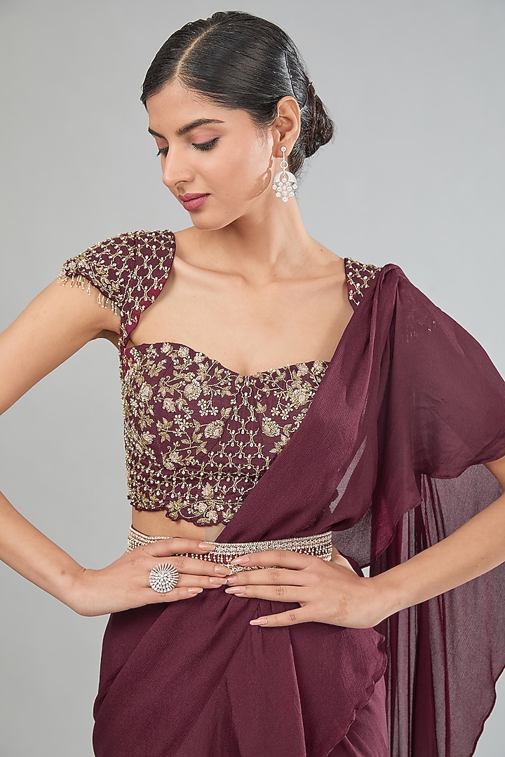 Maroon Chinon Chiffon Hand Embroidered Pre-Draped Party Wear Saree Set by MANISHA SONI at Pernia's Pop Up Shop