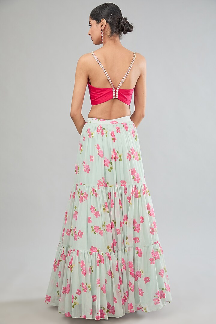 Green Chiffon Floral Printed Tiered Wedding Lehenga Set by MANISHA SONI at Pernia's Pop Up Shop