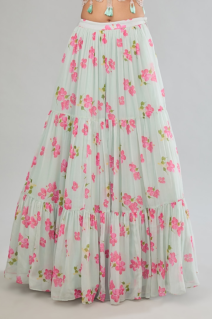 Green Chiffon Floral Printed Tiered Wedding Lehenga Set by MANISHA SONI at Pernia's Pop Up Shop
