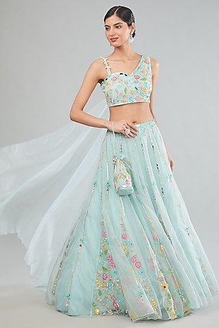 Blue Organza Hand Painted & Mirror Embroidered Lehenga Set by MANISHA SONI