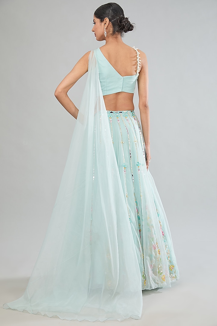 Blue Organza Hand Painted & Mirror Embroidered Wedding Lehenga Set by MANISHA SONI at Pernia's Pop Up Shop