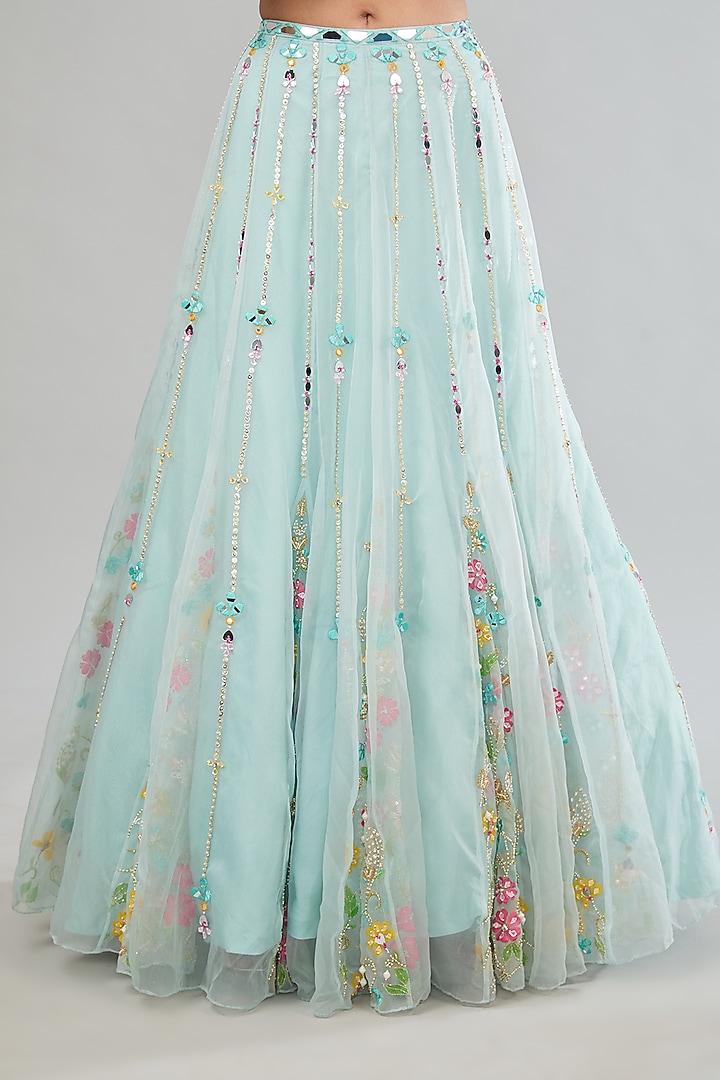 Blue Organza Hand Painted & Mirror Embroidered Wedding Lehenga Set by MANISHA SONI at Pernia's Pop Up Shop