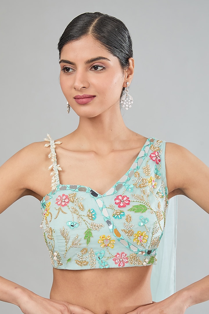 Blue Organza Hand Painted & Mirror Embroidered Wedding Lehenga Set by MANISHA SONI at Pernia's Pop Up Shop