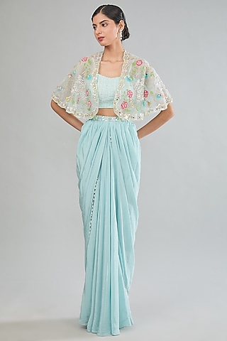 Blue Satin Silk Draped Skirt Set by MANISHA SONI