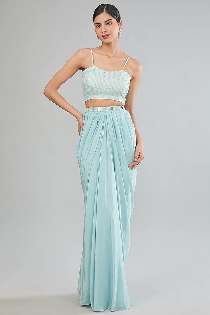 Blue Satin Silk Draped Skirt Set by MANISHA SONI at Pernia's Pop Up Shop