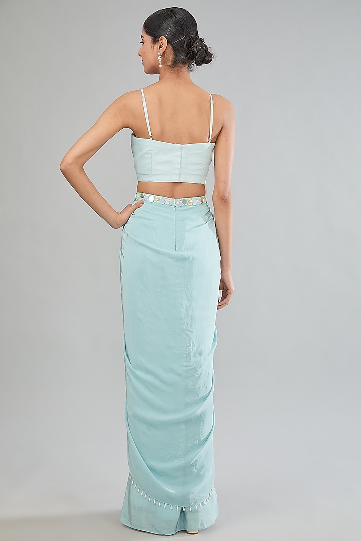 Blue Satin Silk Draped Skirt Set by MANISHA SONI at Pernia's Pop Up Shop