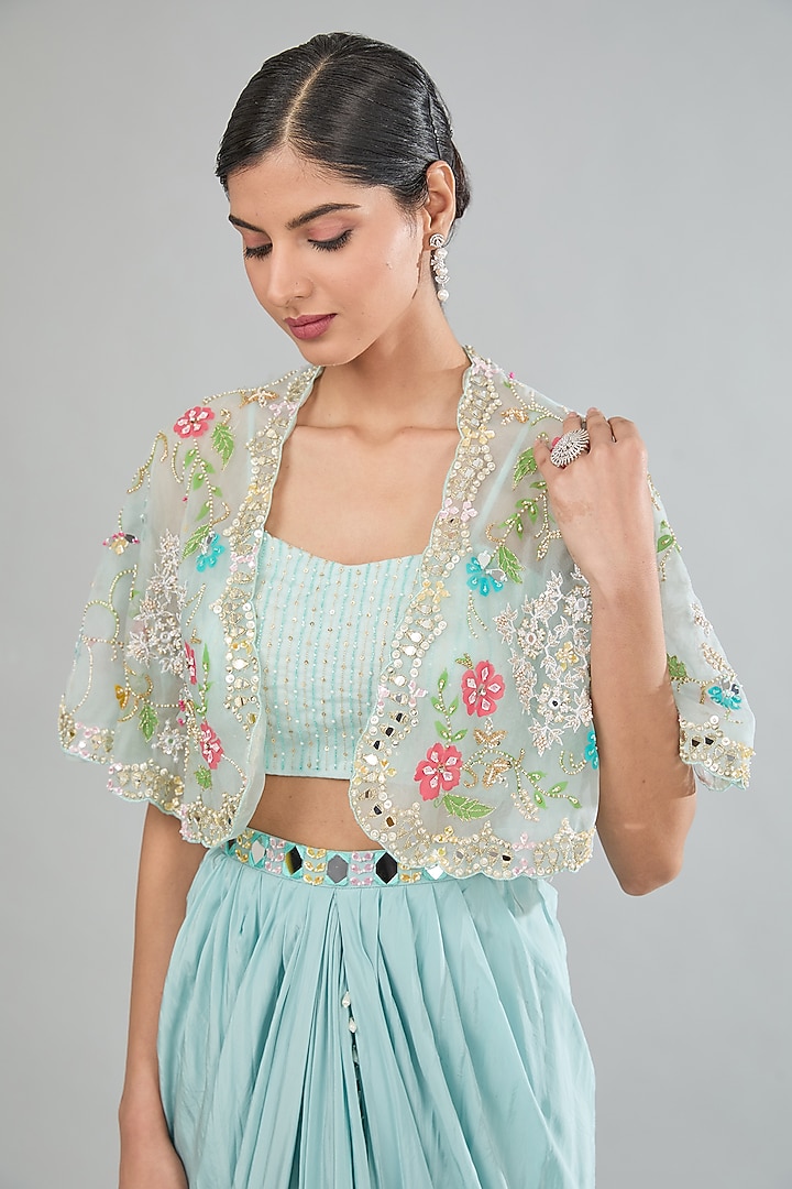 Blue Satin Silk Draped Skirt Set by MANISHA SONI at Pernia's Pop Up Shop