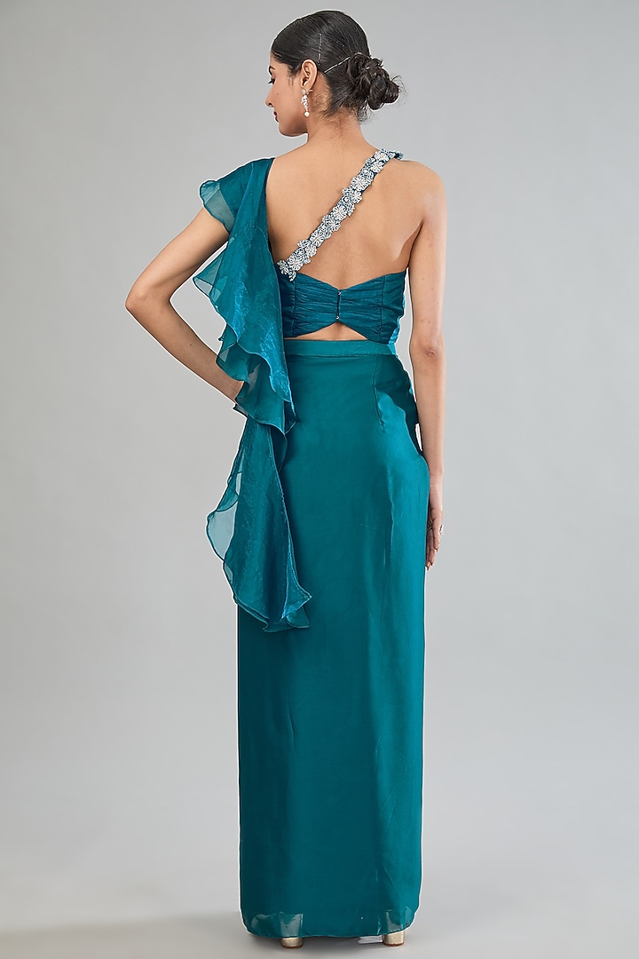 Blue Satin Draped Skirt Set by MANISHA SONI at Pernia's Pop Up Shop