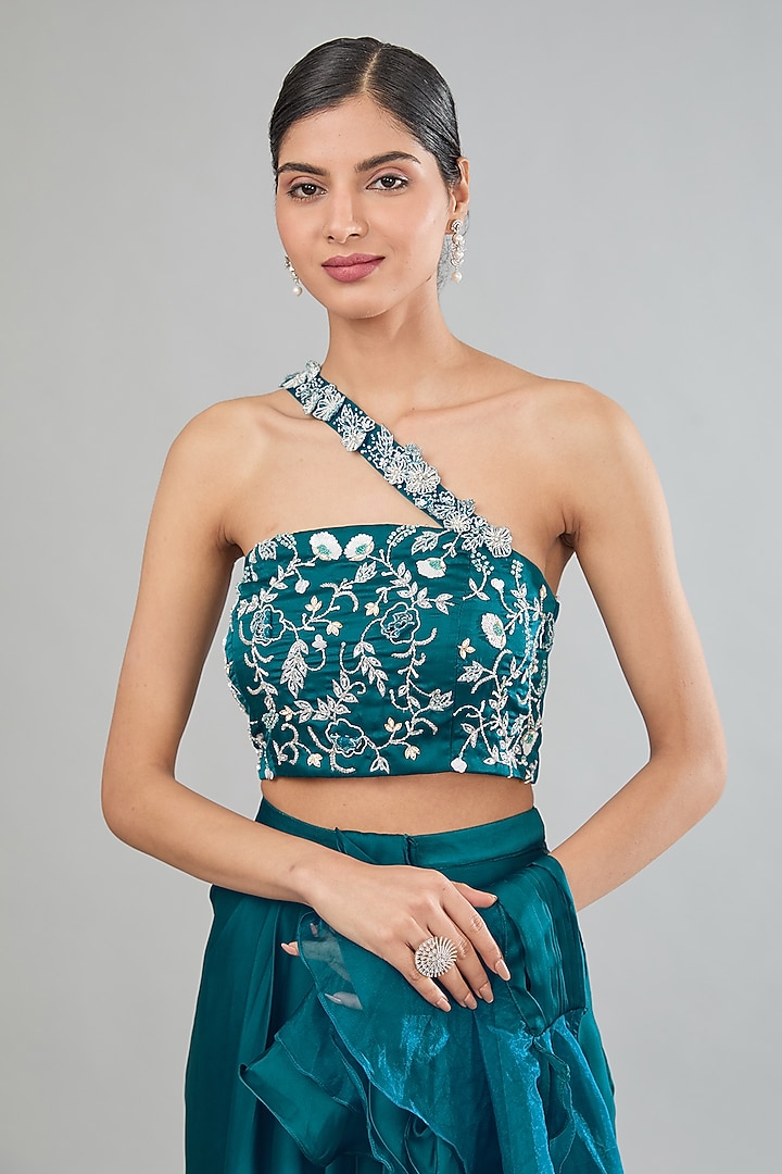 Blue Satin Draped Skirt Set by MANISHA SONI at Pernia's Pop Up Shop