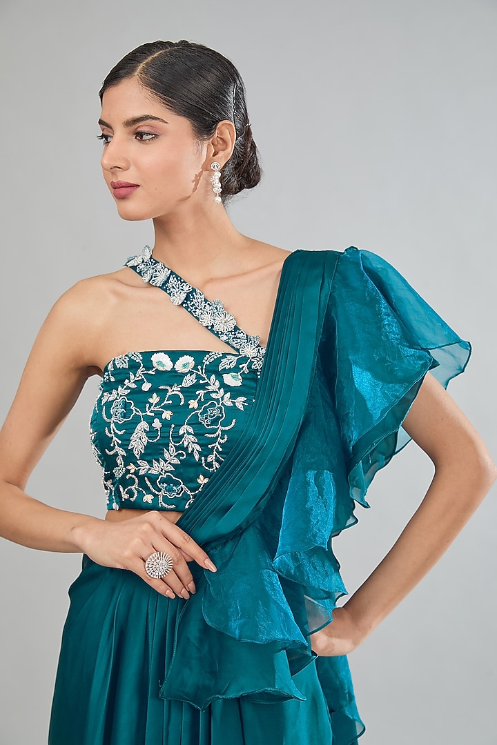 Blue Satin Draped Skirt Set by MANISHA SONI at Pernia's Pop Up Shop