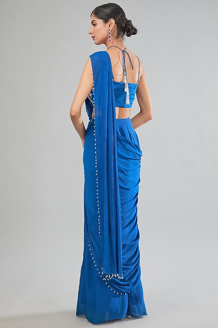 Blue Chinon Chiffon Pre-Draped Party Wear Saree Set by MANISHA SONI at Pernia's Pop Up Shop