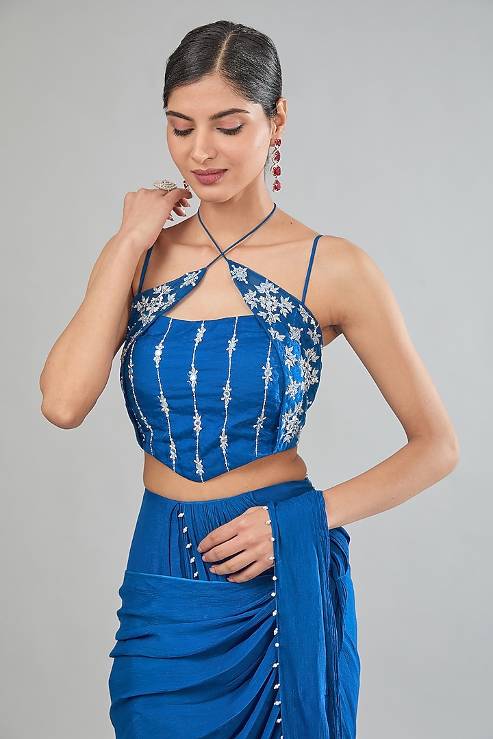 Blue Chinon Chiffon Pre-Draped Party Wear Saree Set by MANISHA SONI at Pernia's Pop Up Shop
