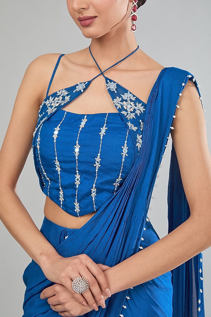 Blue Chinon Chiffon Pre-Draped Party Wear Saree Set by MANISHA SONI at Pernia's Pop Up Shop