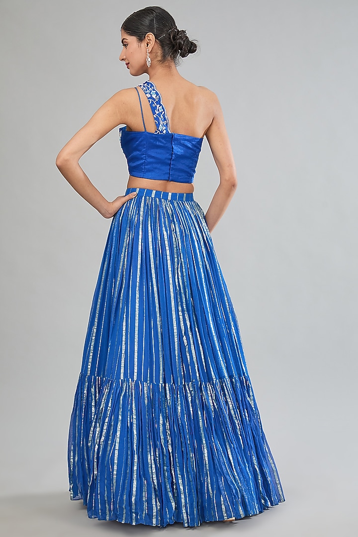 Blue Georgette Tiered Wedding Lehenga Set by MANISHA SONI at Pernia's Pop Up Shop