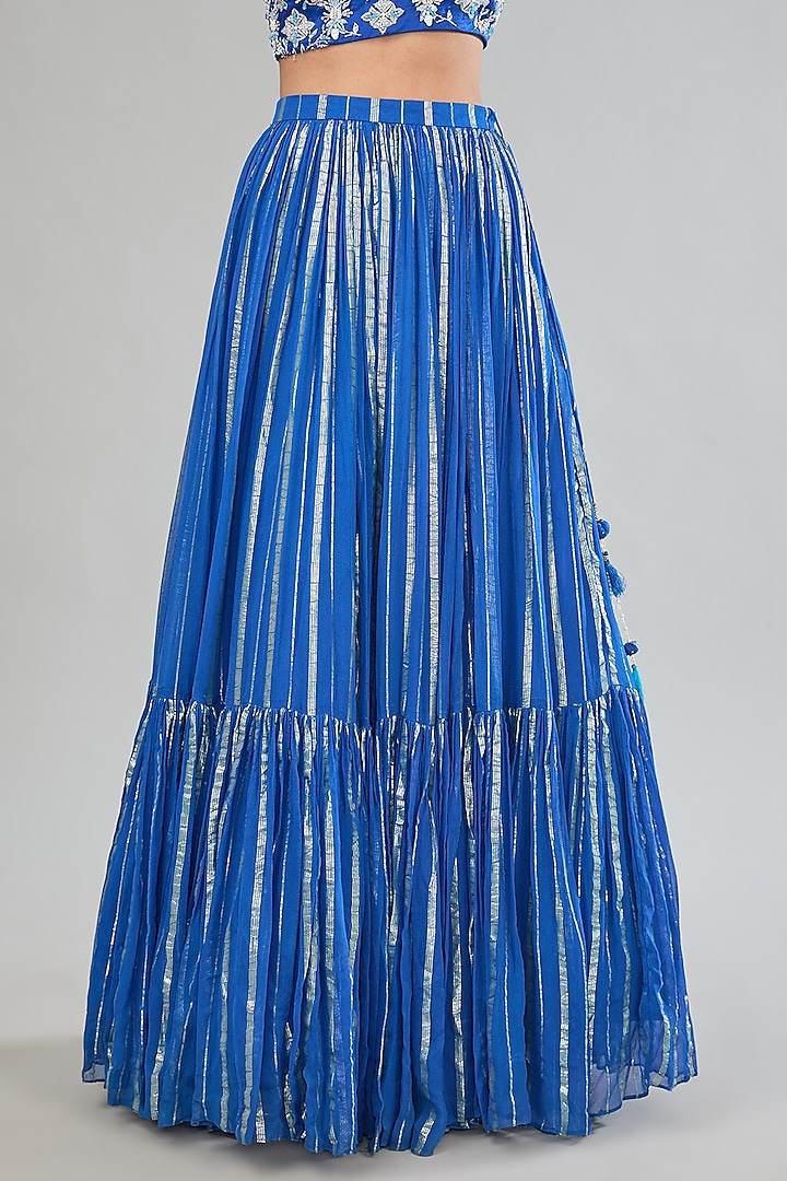Blue Georgette Tiered Wedding Lehenga Set by MANISHA SONI at Pernia's Pop Up Shop