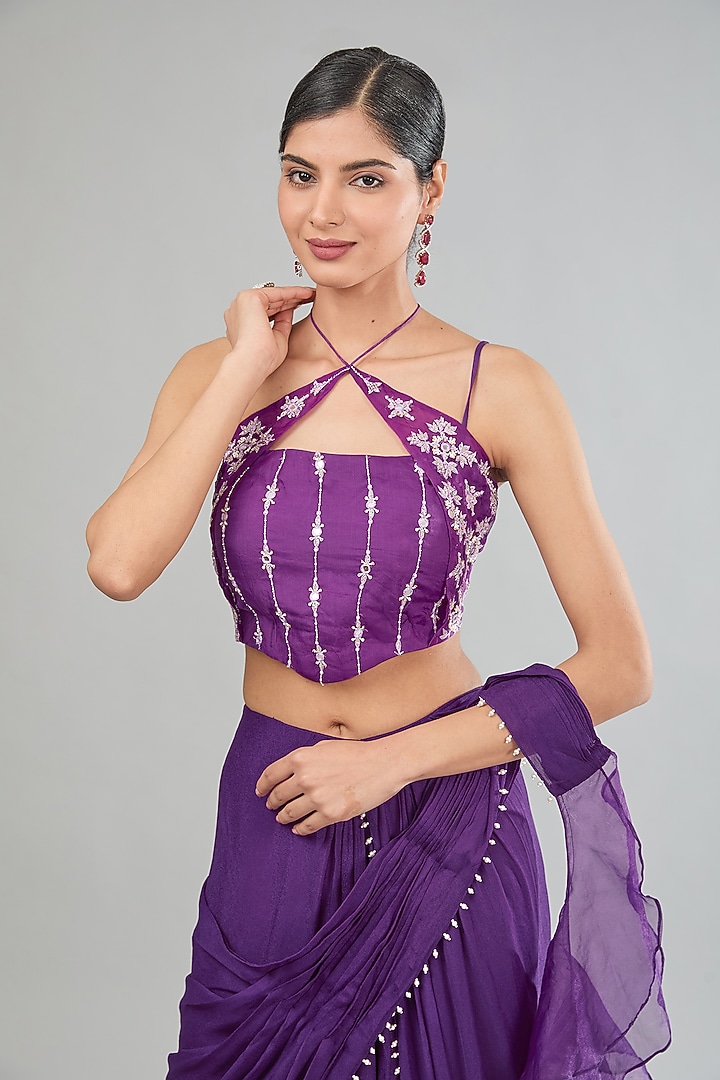 Purple Chinon Chiffon Pre-Draped Party Wear Saree Set by MANISHA SONI at Pernia's Pop Up Shop