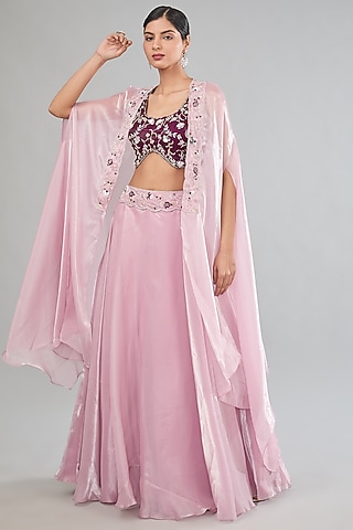 Purple Italian Satin Organza Embroidered Jacket Lehenga Set by MANISHA SONI