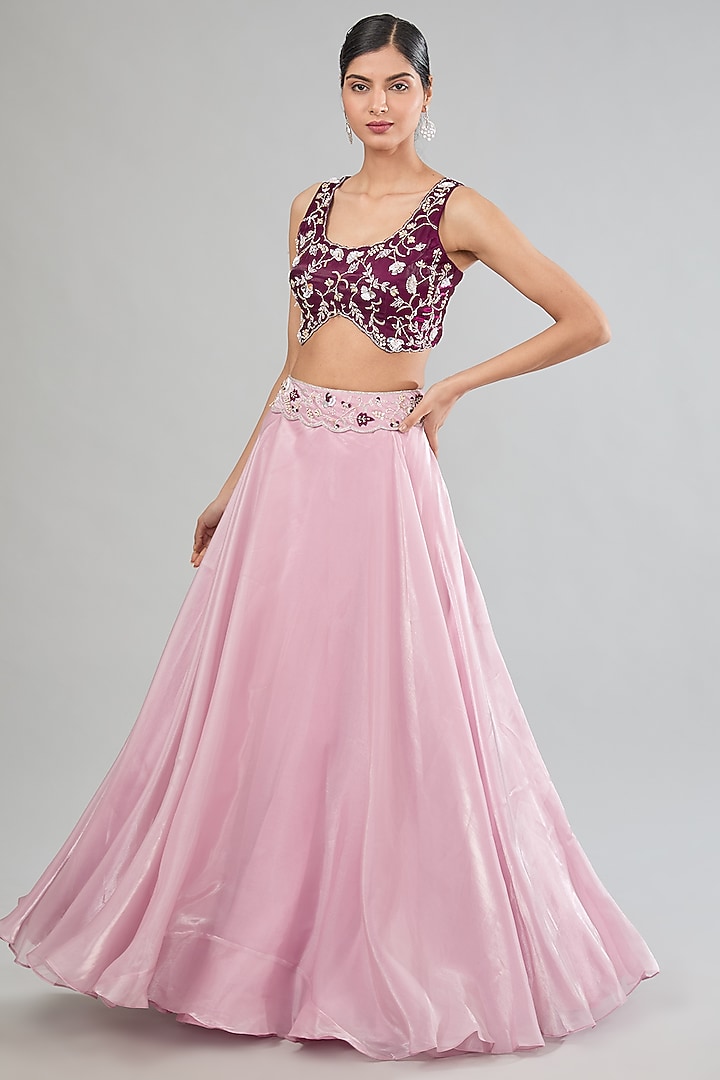 Purple Italian Satin Organza Embroidered Jacket Wedding Lehenga Set by MANISHA SONI at Pernia's Pop Up Shop