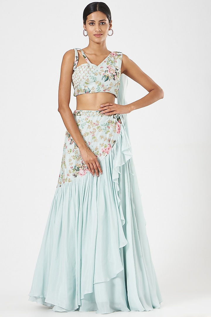 Pastel Blue Embroidered Fusion Wedding Lehenga Set by MANISHA SONI at Pernia's Pop Up Shop