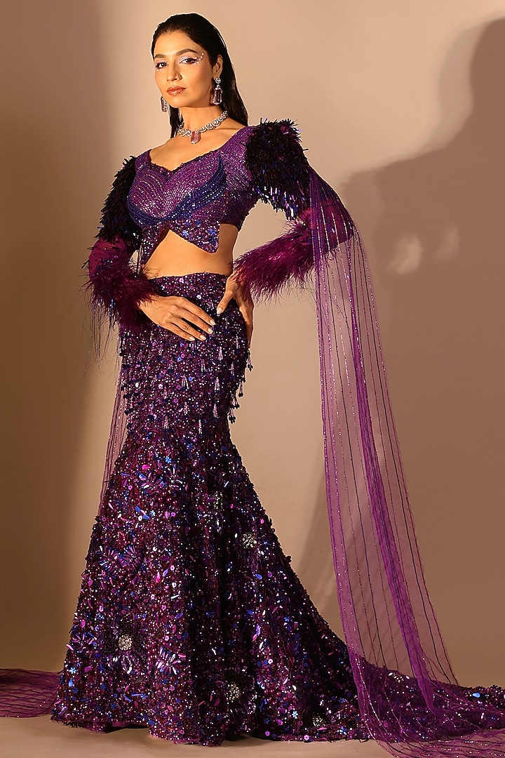 Purple Net Hand Embroidered Fish-Cut Wedding Lehenga Set by MANISHA SONI at Pernia's Pop Up Shop