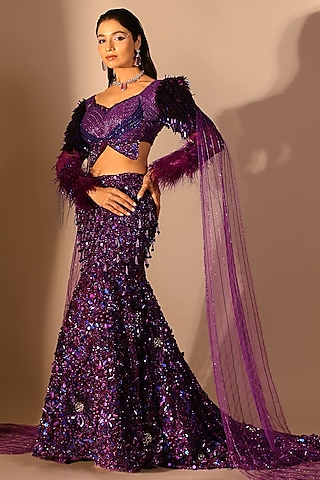 Purple Net Hand Embroidered Fish-Cut Lehenga Set by MANISHA SONI