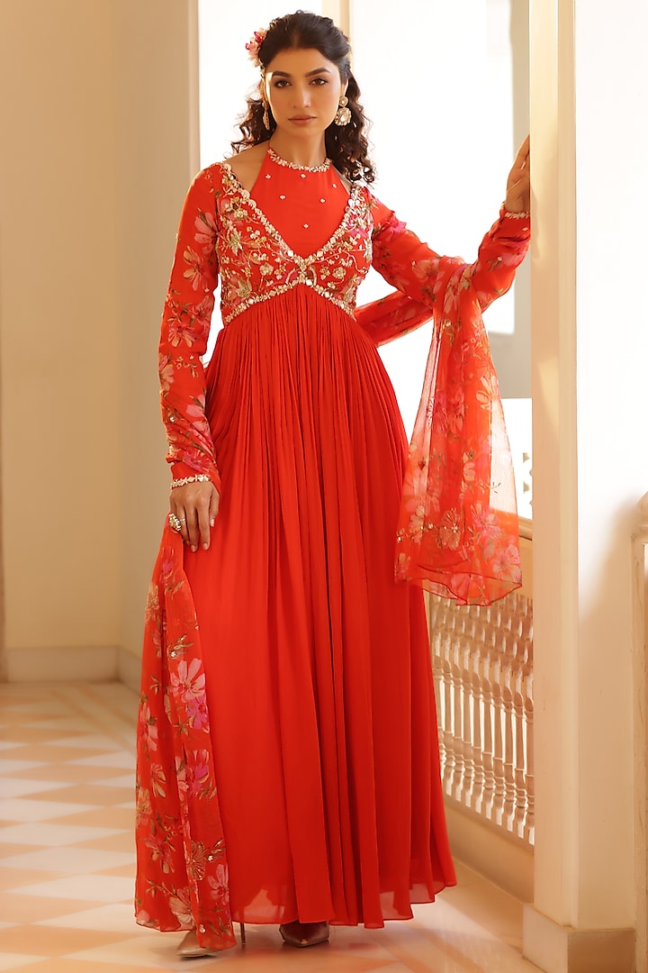 Orange Georgette Crepe Floral Printed & Zardosi Embroidered Anarkali Set by MANISHA SONI at Pernia's Pop Up Shop