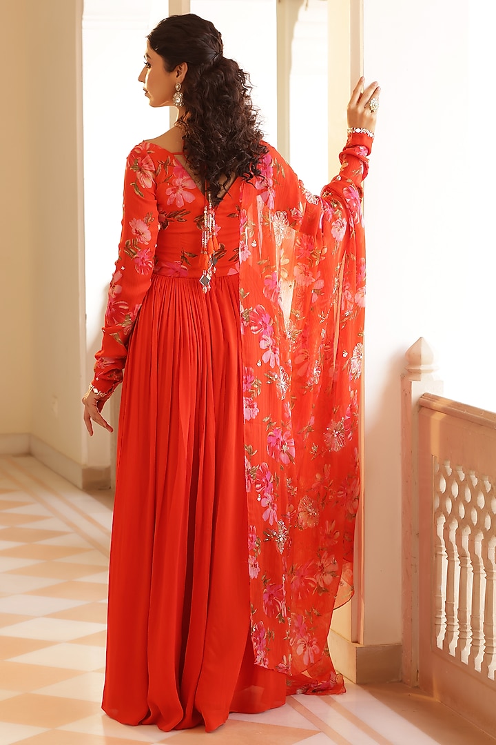Orange Georgette Crepe Floral Printed & Zardosi Embroidered Party Wear Anarkali Set by MANISHA SONI at Pernia's Pop Up Shop