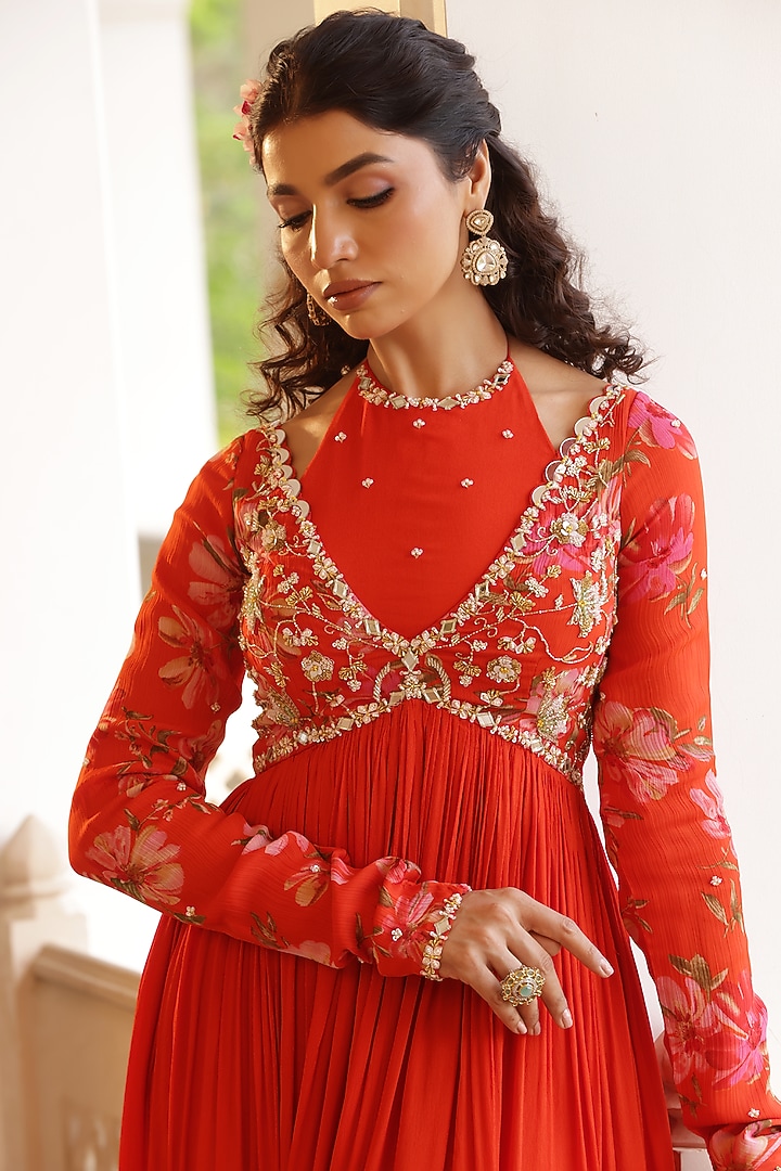 Orange Georgette Crepe Floral Printed & Zardosi Embroidered Party Wear Anarkali Set by MANISHA SONI at Pernia's Pop Up Shop