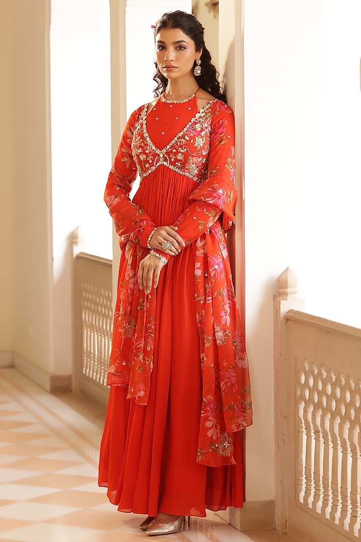 Orange Georgette Crepe Floral Printed & Zardosi Embroidered Party Wear Anarkali Set by MANISHA SONI at Pernia's Pop Up Shop