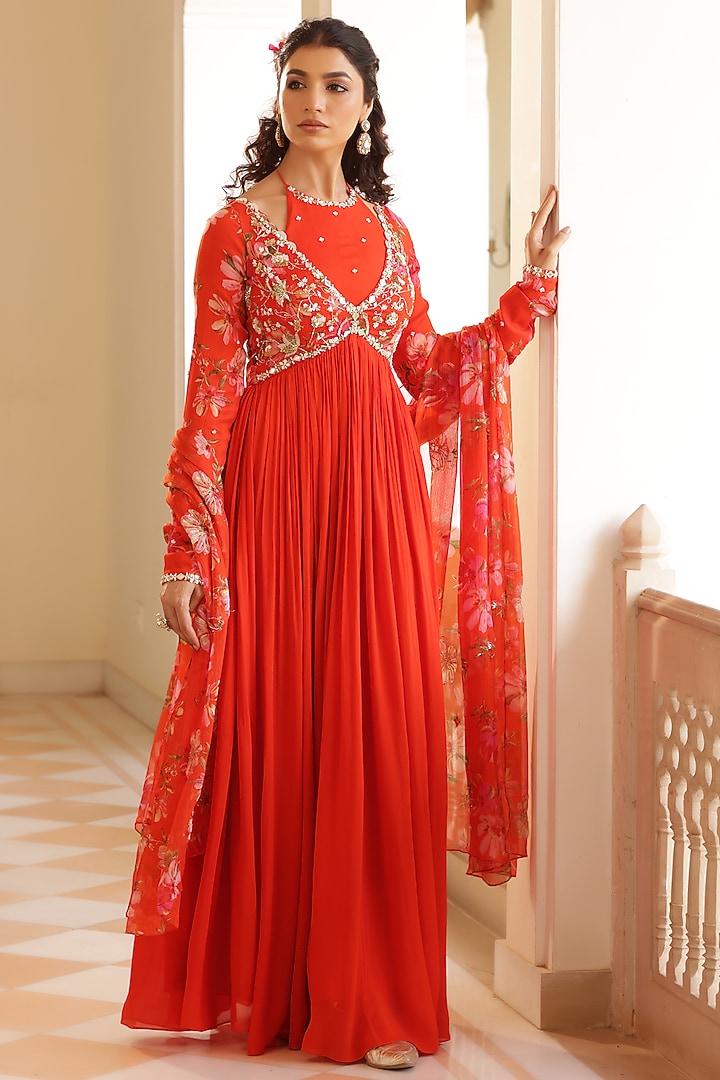 Orange Georgette Crepe Floral Printed & Zardosi Embroidered Party Wear Anarkali Set by MANISHA SONI at Pernia's Pop Up Shop