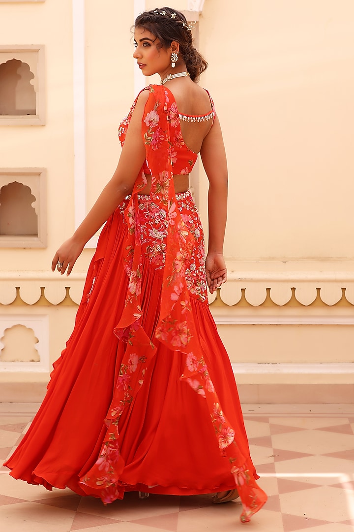 Orange Georgette Crepe Zardosi Embroidered Fish-Cut Wedding Lehenga Set by MANISHA SONI at Pernia's Pop Up Shop