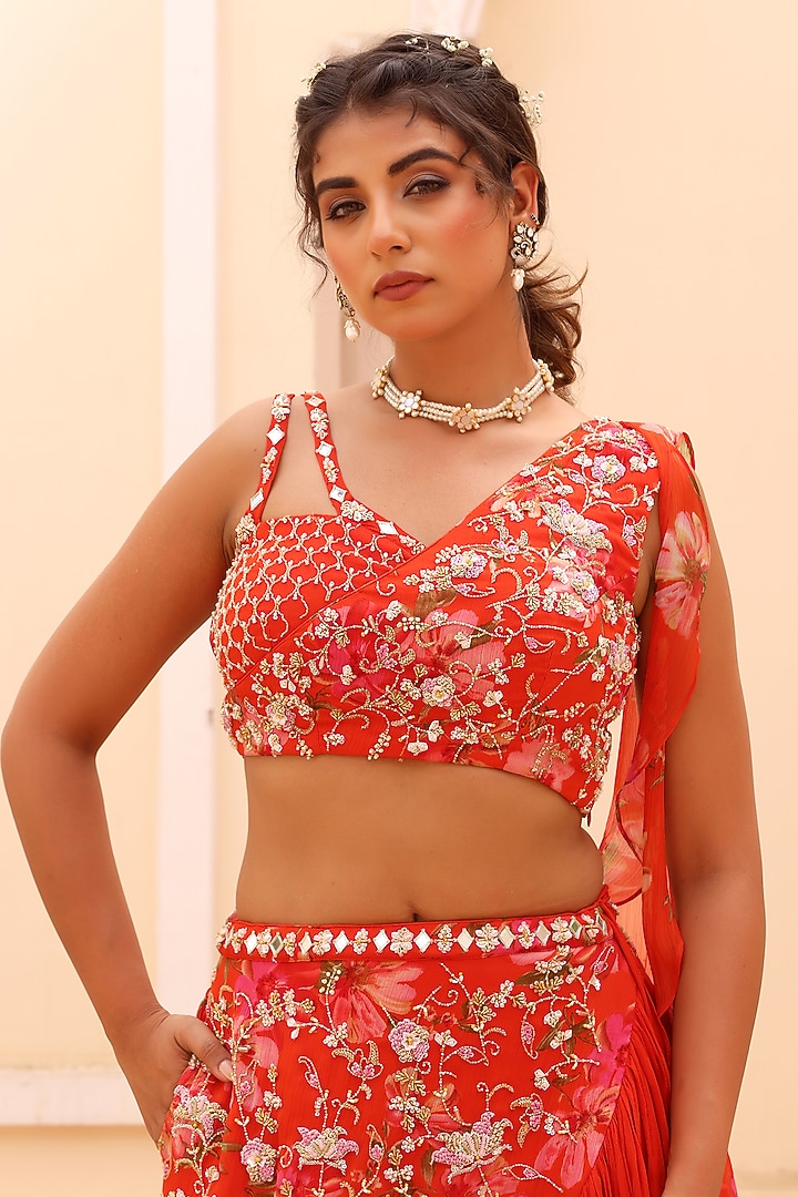 Orange Georgette Crepe Zardosi Embroidered Fish-Cut Wedding Lehenga Set by MANISHA SONI at Pernia's Pop Up Shop